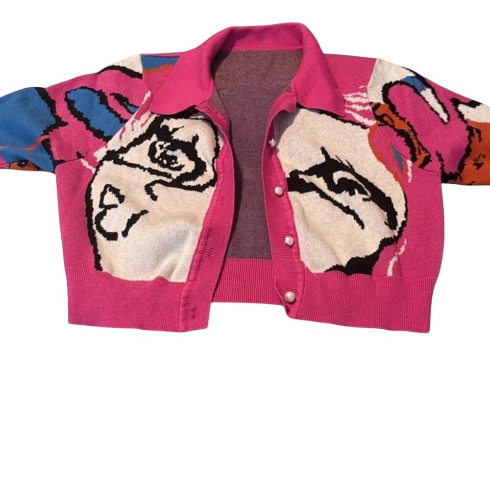 Abstract Face Graphic Knit Cropped Cardigan Sweater Pink Womens Plus Size‎ 1X